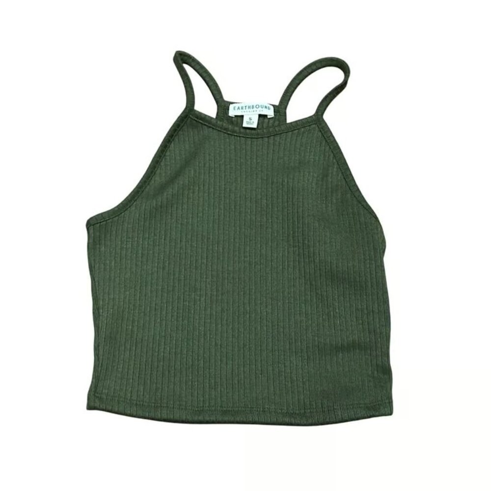 Earthbound Ribbed Tank Top Olive Green Cropped Sleeveless Peace Sign Womens S